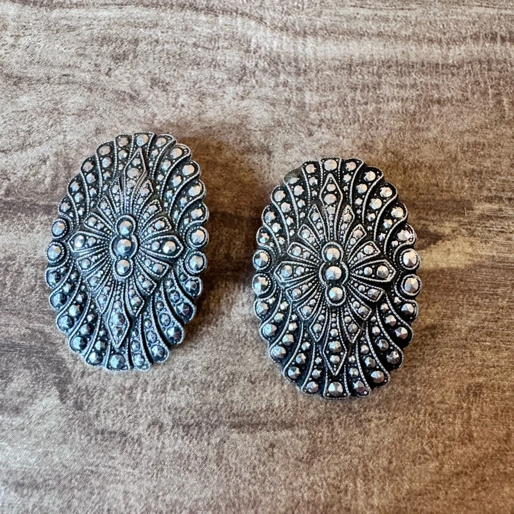 W. Germany Signed Silver Tone Clip-on Earrings Victorian Old Money Art Deco
